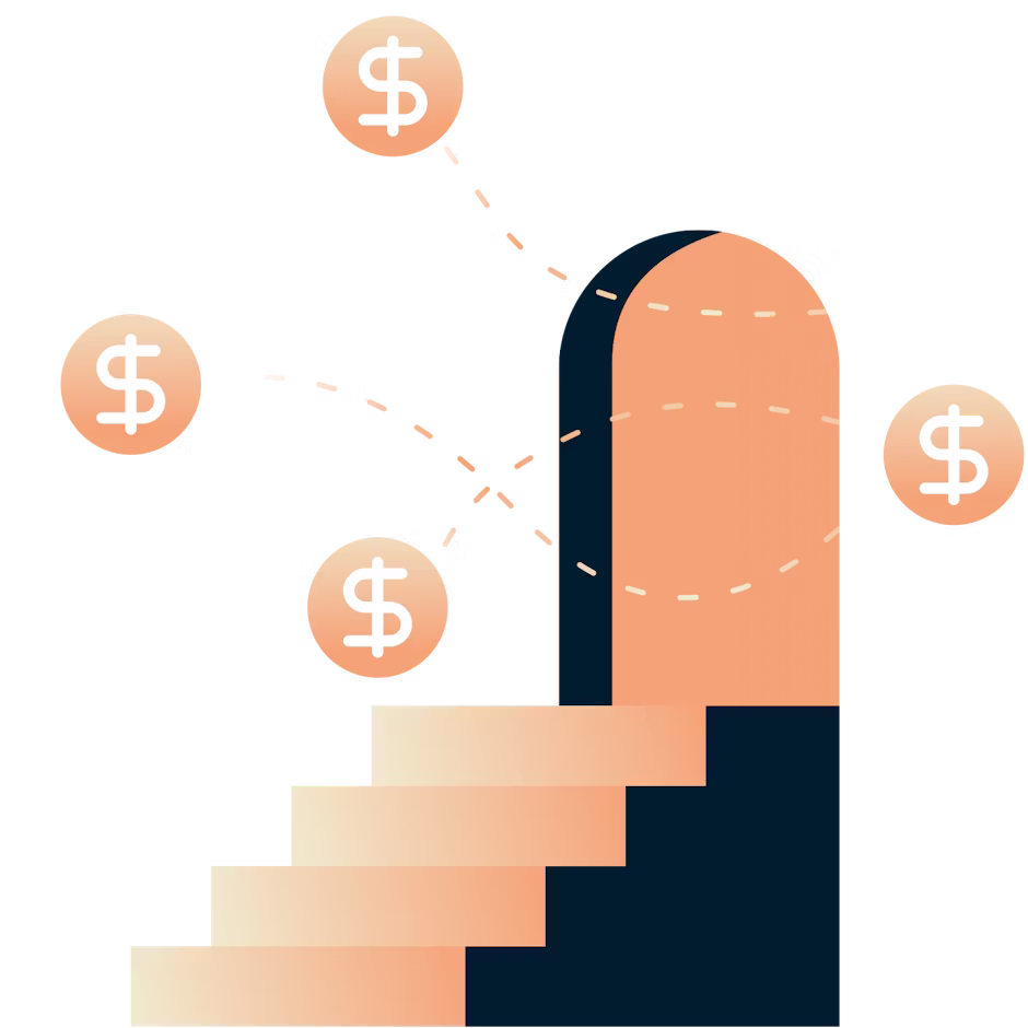 Degraus levando a uma porta com sinais de d&oacute;lar saindo dela.