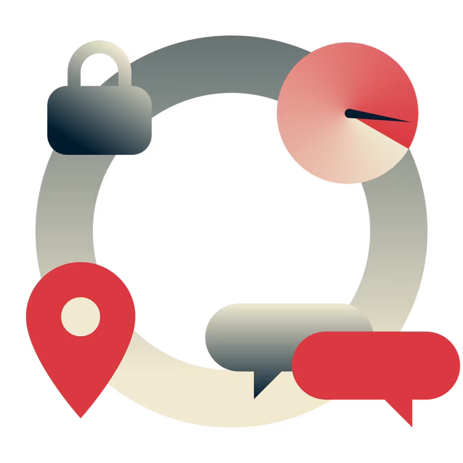 Imagem circular com um cadeado, veloc&iacute;metro, bal&otilde;es de chat e alfinete de localiza&ccedil;&atilde;o.