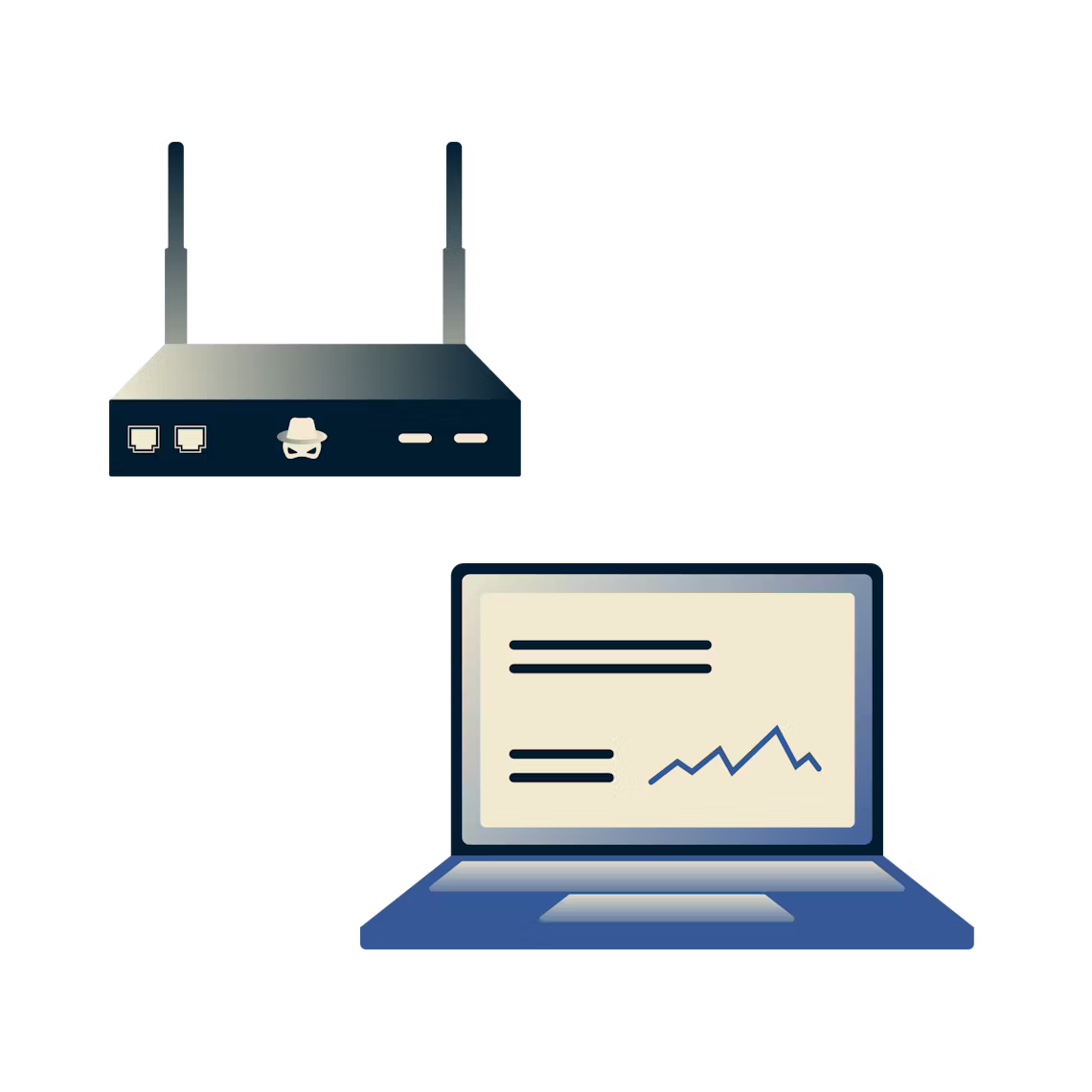 Router z czaszką i krzyżem wykradający dane z laptopa przez Wi-Fi.